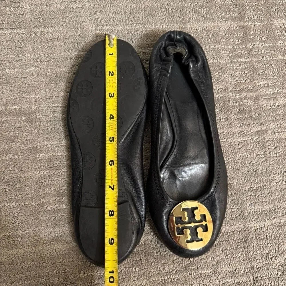 Tory Burch Reva Black Leather Gold Logo USED Ballet Slip On Flats 7.5-8